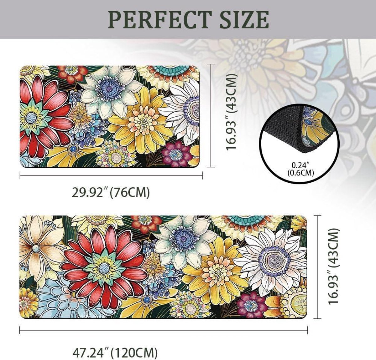 TheLau - Keukentapijten Set met Bloem- en Bladpatroon | Antislip Rubberen Onderkant | Gewatteerde Mat | Entryway Tapijt voor Thuis, Kantoor, Hal | 2 Stuks